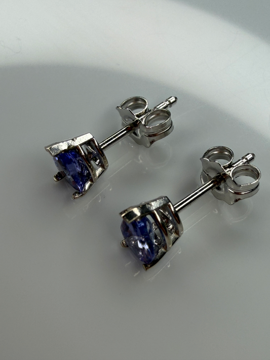 A pair of white gold stud earrings with tanzanite gemstones, shown on a light reflective surface.