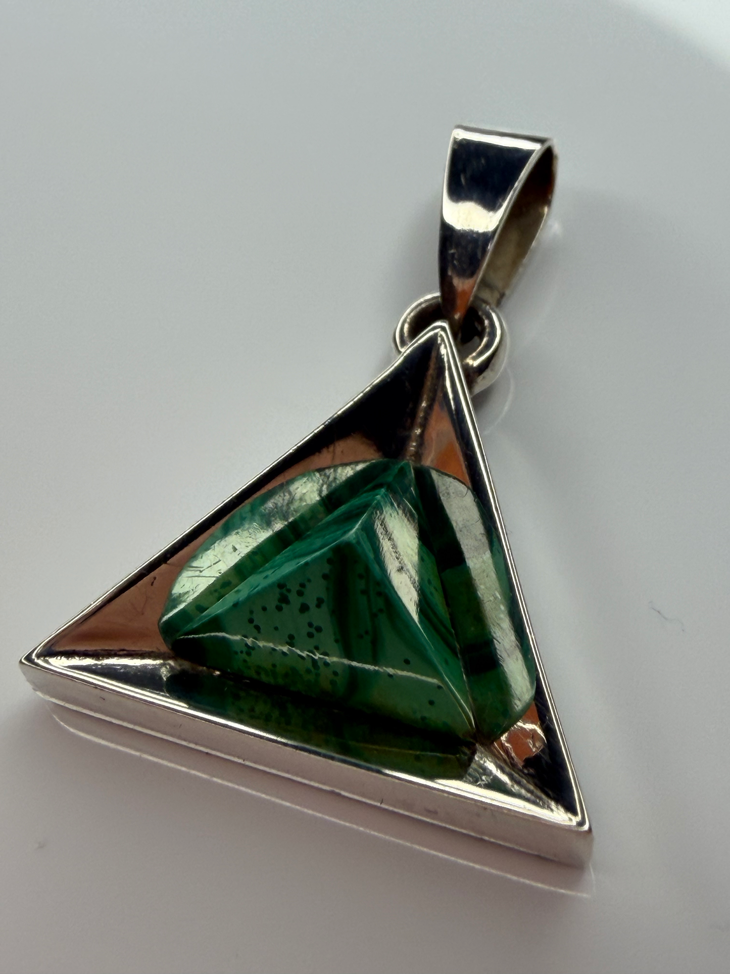 Sterling Silver Triangle Pendant with Triangle-Cut Malachite